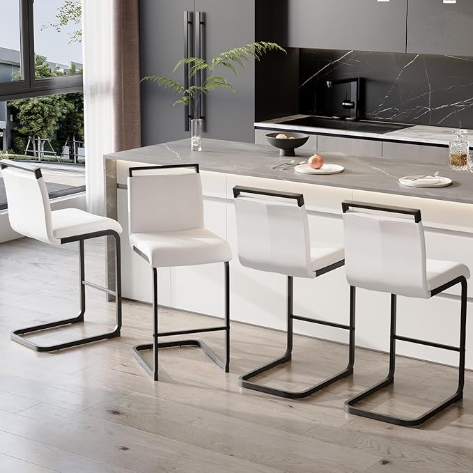 Bar Stools Set of 6,25" Counter Height Bar Stools with Footrest,White Faux Leather Kitchen Stools with Black Painted Metal Leg,White Barstools Ideal for Island Pub Kitchen Counter Dining Chair