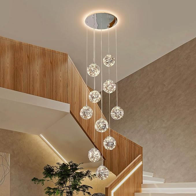 10-Light High Ceilings Long Chandeliers LED Staircase Chandelier High Ceiling Chandelier for Entryway,Modern Crystal Long Pendant Light, Adjustable Length 16" W x79 H，50W