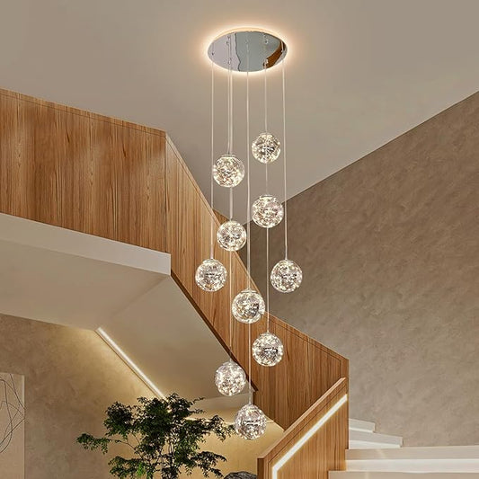 10-Light High Ceilings Long Chandeliers LED Staircase Chandelier High Ceiling Chandelier for Entryway,Modern Crystal Long Pendant Light, Adjustable Length 16" W x79 H，50W
