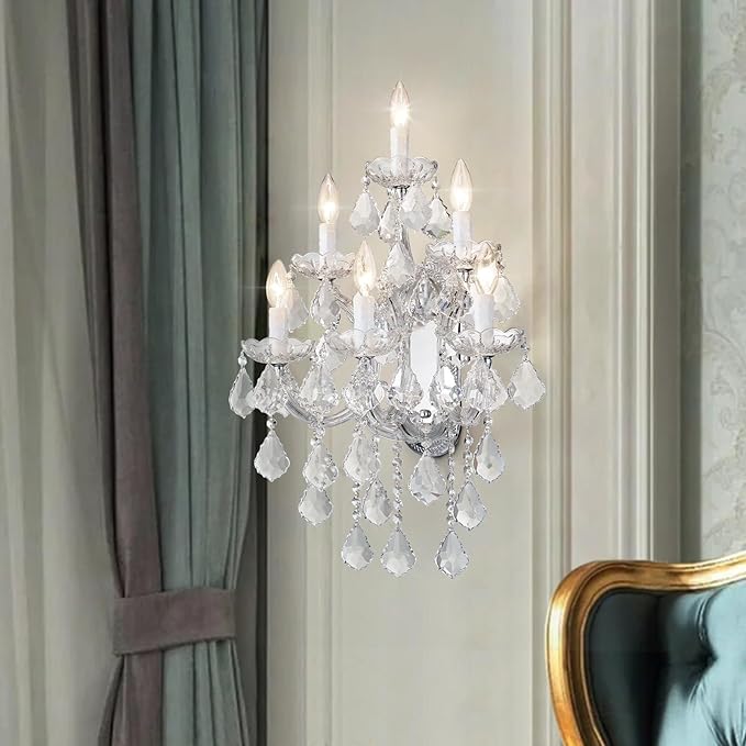Modern Crystal Wall Sconce Lights- 6 Light Maria Theresa Crystal Wall Sconces Lighting Chrome Wall Lamp Chandelier Light Fixtures for Living Room Wall Sconce Light Walls Mounted Lamp
