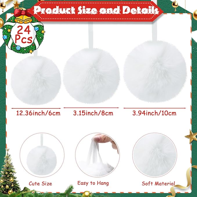 24 Pcs White Furry Christmas Ball Ornaments for Tree 2.36/3.15/3.94 Inches Pom Pom Ball Christmas Hanging Decoration for Party Supplies Fireplace Mantel Wall Decor