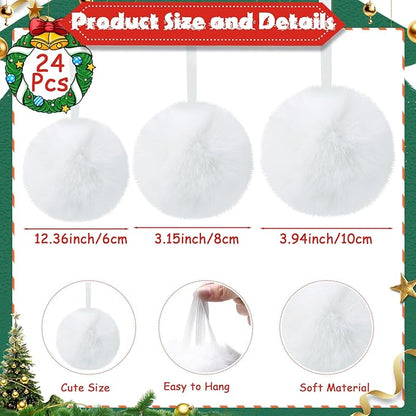 24 Pcs White Furry Christmas Ball Ornaments for Tree 2.36/3.15/3.94 Inches Pom Pom Ball Christmas Hanging Decoration for Party Supplies Fireplace Mantel Wall Decor