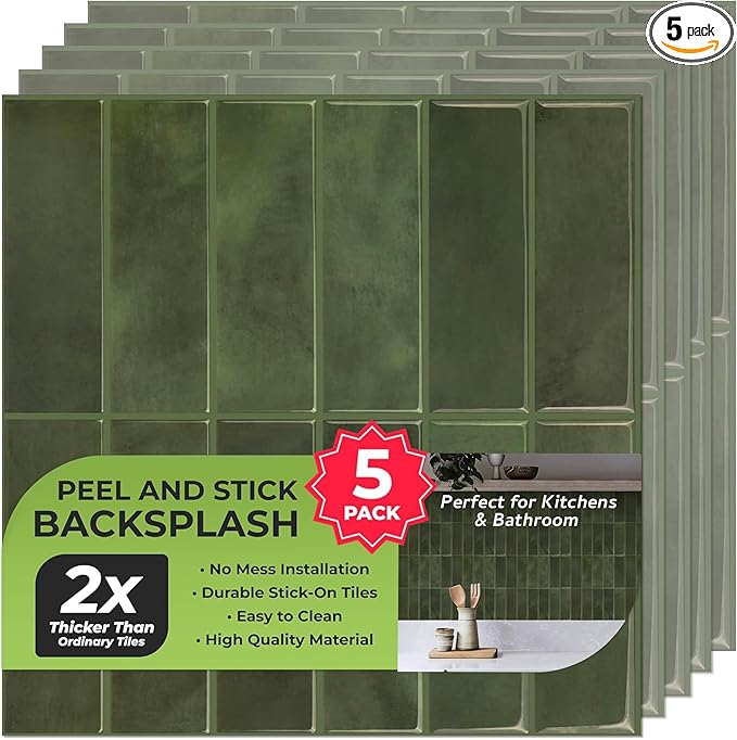 5 Pack Peel and Stick Backsplash Subway Tiles, Extra Thick 3D Wall Panels, Heat & Water Resistant, Easy DIY Kitchen, Bathroom, Laundry, Fireplace & Rental Home Wall Décor (12 x 12 in), Green