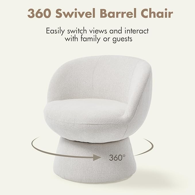 360° Swivel Accent Chairs Set of 2, Modern White Chenille Upholstered Round Barrel Chair with Curved Back, Bucket Vanity Armchair for Small Space,Living Room, Bedroom