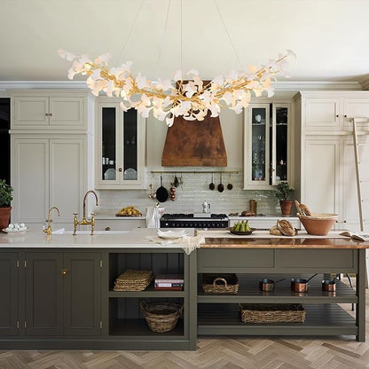 Modern Gold and Wtite Large Rectangle Tree Branch Dining Room Chandeliers, 72" Rectangle Ceramic Ginkgo Leaf Chandelier, Linear Chandeliers for Dining Room,Kitchen,Hanging Chandelier