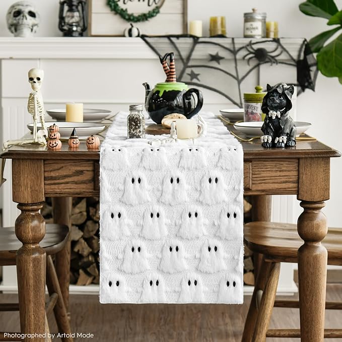 Artoid Mode Ghost Soft Plush Faux Fur Jacquard Halloween Table Runner, Holiday Kitchen Dining Table Decoration for Home Party Decor 13x72 Inch