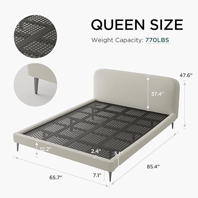 Acanva Modern Minimalist Upholstered Platform Bed Frame with Headboard, Mattress Foundation Base with Metal Slats Support, No Box Spring Needed, Non-Slip, White, Queen Size