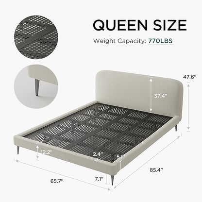 Acanva Modern Minimalist Upholstered Platform Bed Frame with Headboard, Mattress Foundation Base with Metal Slats Support, No Box Spring Needed, Non-Slip, White, Queen Size