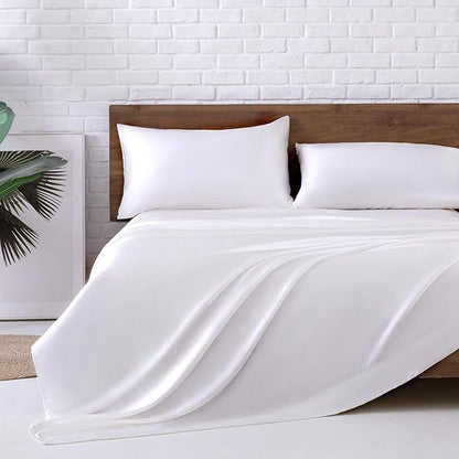 MR&HM Satin Bed Sheets, Twin Size Sheets Set, 3 Pcs Silky Bedding Set with 15 Inches Deep Pocket for Mattress (Twin, White)