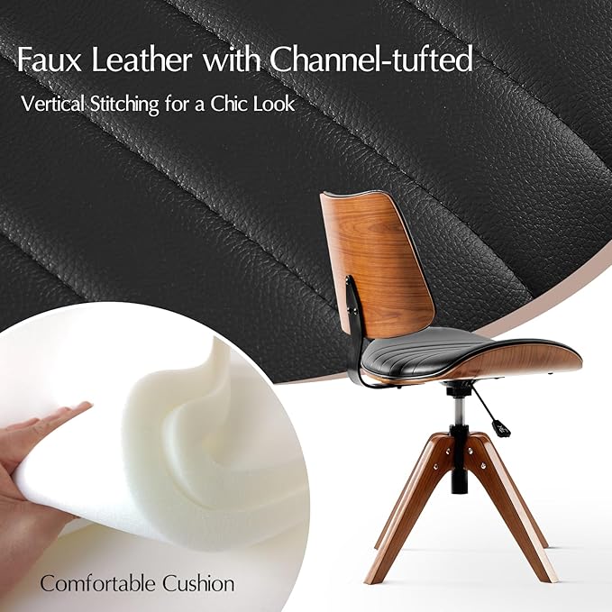 HULALA HOME Desk Chair with Solid Wood Legs, Adjustable Height & 360° Swivel, Comfy Bentwood Faux Leather Tufted Task Chair, Black
