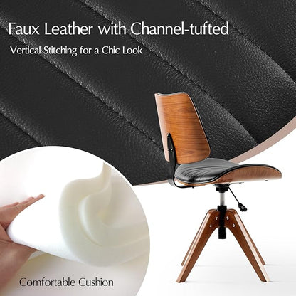 HULALA HOME Desk Chair with Solid Wood Legs, Adjustable Height & 360° Swivel, Comfy Bentwood Faux Leather Tufted Task Chair, Black