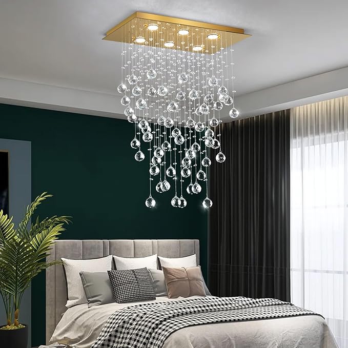 Glam Crystal Chandelier with Bulb Rain Drop Pendants Ceiling Light LED Lighting Rectangular Dining Room Light Fixture Dimmable LED Light Gold