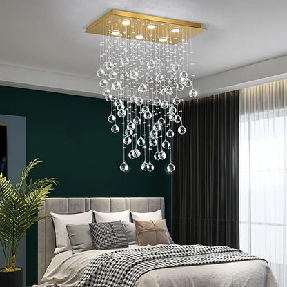 Glam Crystal Chandelier with Bulb Rain Drop Pendants Ceiling Light LED Lighting Rectangular Dining Room Light Fixture Dimmable LED Light Gold