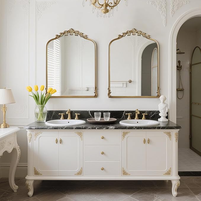 WallBeyond Gold Antique Mirror for Vanity 24x32 Inch, Gold Vintage Mirror with Ornate Frame, Arched Vintage Wall for Bathroom, Living Room, Fireplace