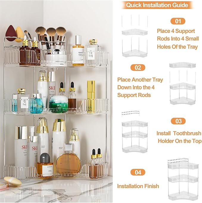 SUNZOS 3-Tier Corner Bathroom Counter Organizer, Bathroom Organizer Countertop with Makeup Brush Holder, Vanity Makeup Cosmetic Storage, Corner Storage for Kitchen, Dresser