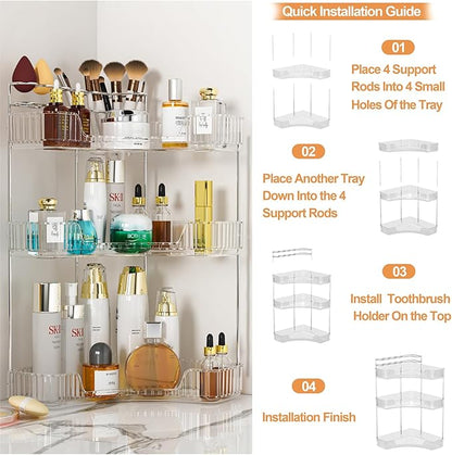 SUNZOS 3-Tier Corner Bathroom Counter Organizer, Bathroom Organizer Countertop with Makeup Brush Holder, Vanity Makeup Cosmetic Storage, Corner Storage for Kitchen, Dresser