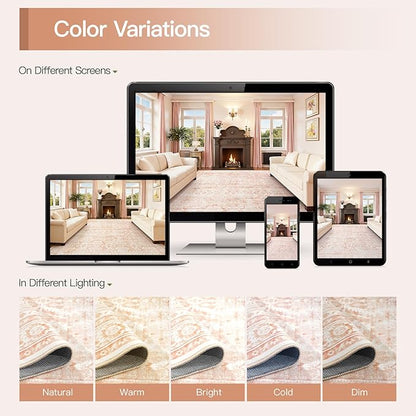 Lofus 9x12 Area Rug for Living Room,Pink Washable Area Rugs with Non-Slip Backing,Soft Boho Carpets for Bedroom Dining Room Home Office Indoor Nursery