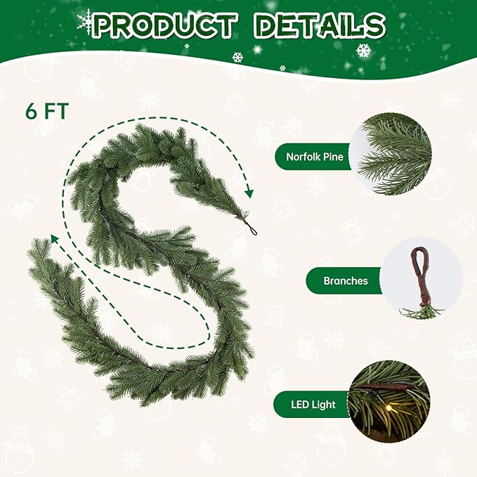 Bluesea 6FT Christmas Norfolk Pine Garland, Real Touch Pine, Faux Greenery Garland for Fireplace,Table, Stairs, Mantle, Window,Indoor Outdoor,Home,Holiday Decor（1 Pcs