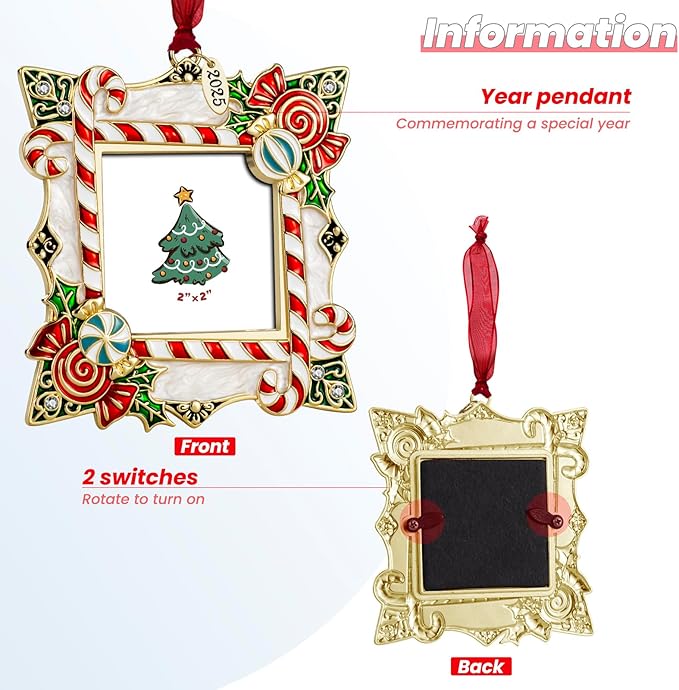 2025 Christmas Ornaments 2 inch Picture Frame Metal Hanging Pendant for Tree Small Decorative Keepsake, Display Photo for Baby and Pet (Candy Gold (2025))