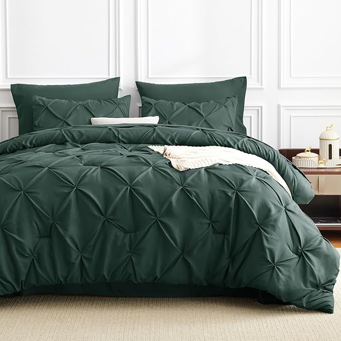 CozyLux Queen Comforter Set Forest Green, 7 Pieces Pintuck Bed in A Bag, Premium Green Comforter Queen Size, Pinch Pleat Bedding Sets with Comforter, Sheets, Pillowcases & Shams