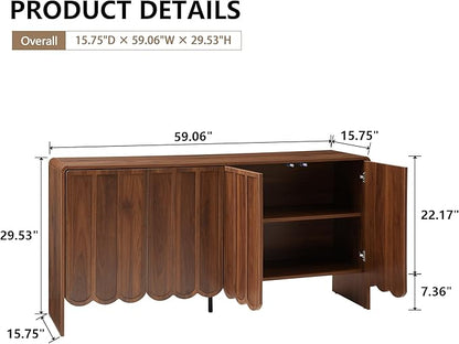 ORRD Sideboard Buffet Cabinet, Accent Storage Cabinets with 4 Doors, Farmhouse Wood Cabinet with Adjustable Shelves and Wave Panel for Living Room, Dining Room, Entry - Walnut