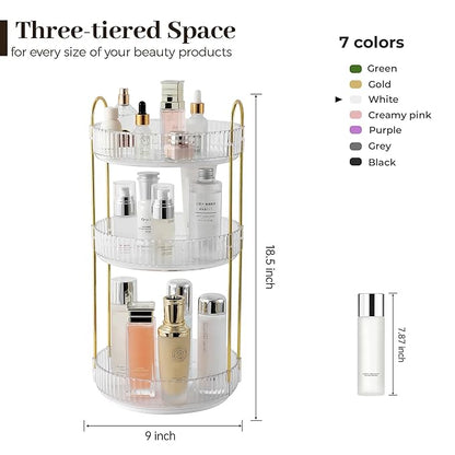 Aveniee Rotating Makeup Organizer for Vanity, 3 Tier Perfume Skincare Organizers and Storage for Bathroom Countertop, Clear Spinning Counter Cosmetic Holder for Dresser,White