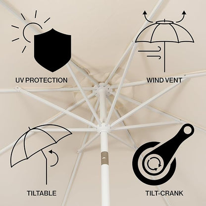 JONATHAN Y UMB1002C Tracy 9 ft. Classic MidCentury Scalloped Fringe Market Patio Umbrella with Auto-Tilt, Crank, Wind Vent and UV Protection in Cream/White