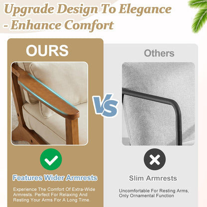 VINGLI Solid Wood Wide Armrests Accent Chair,Upholstered Mid Century Modern Chair with Pillow,Comfy Reading Chair Farmhouse Arm Chair,Chairs Living Room,Bedroom,Guest Room,Teddy Fleece,Khaki