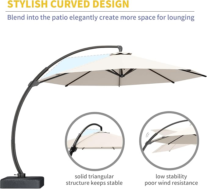 Kingdura 12ft Offset Cantilever Patio Umbrella with Base Included, Large Round Aluminum Outdoor Umbrella, 360° Rotation & Infinite Tilt, Heavy Duty Frame for Deck Pool Backyard, Creamy White