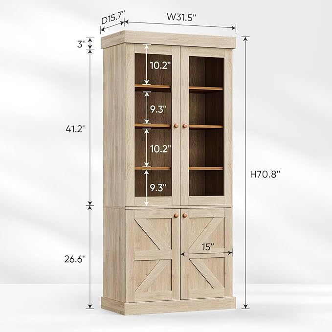 Vyre 71" Tall Farmhouse Bookshelves with Glass Doors, Large Modular Bookcase with Adjustable Shelves, Storage Cabinet for Living Room, Kitchen, Home Office, Brown