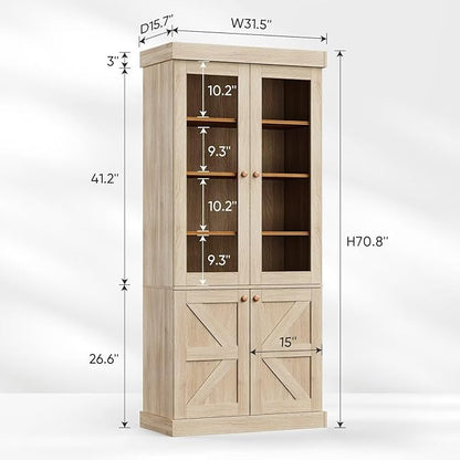 Vyre 71" Tall Farmhouse Bookshelves with Glass Doors, Set of 3 – Large Modular Bookcase with Adjustable Shelves, Storage Cabinet for Living Room, Kitchen, Home Office, Brown