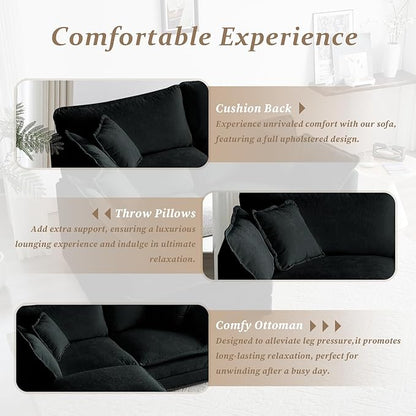 SoarFlash Chenille Sectional Sofa, Comfy L Shaped Modular Coush Sofa with Ottoman, Modern 2 Seat Couch Deep Seat Sofa Set for Living Room,Black