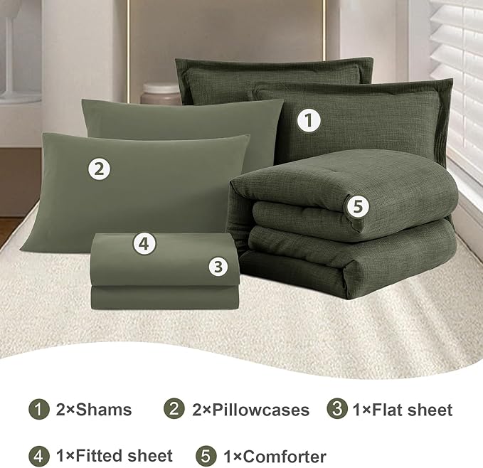 Geniospin California King Comforter Set - 7 Pieces Comforter King Size, Soft Solid Bedding Set for All Season, Textured Bed in a Bag with Sheets, Pillowcases & Shams (Dark Green,108''x92'')