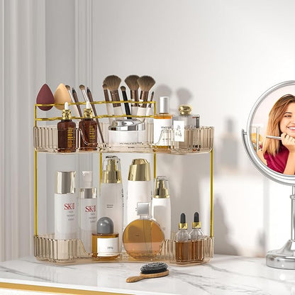 SUNZOS Corner Bathroom Counter Organizer, 2-Tier Countertop Makeup Organizer with Makeup Brush Holder for Dresser, Vanity Perfume Tray for Corner Storage