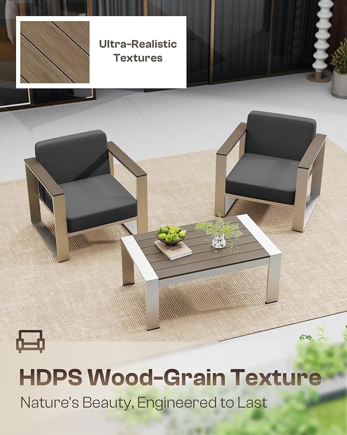 Outdoor Furniture Set, 4 Piece Aluminum Patio Furniture Set with Table, Wide Outdoor Seating  and Thick Cushions, Outdoor Patio Conversation Sets for Deck, Porch (Darkgray)