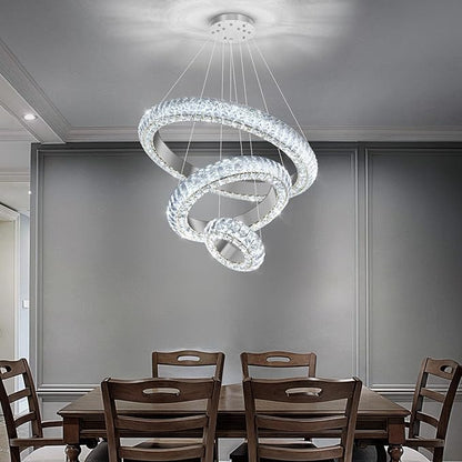 23.6" 3 Ring Crystal Chandelier Modern LED Dimmable Ring Pendant Light Round Chandelier for Dining Room Living Room Silver