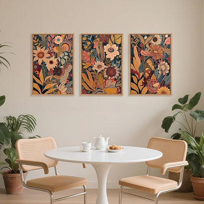 HOURIA Large Orange Flower Framed Canvas Wall Art Set,Boho Mid Century Modern Floral Botanical Wall Decor,Retro Vintage Blossom Artwork,Neutral Plant Art Print for Living Room,Bedroom,Office-24"x36"x3