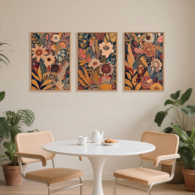 HOURIA Large Orange Flower Framed Canvas Wall Art Set,Boho Mid Century Modern Floral Botanical Wall Decor,Retro Vintage Blossom Artwork,Neutral Plant Art Print for Living Room,Bedroom,Office-16"x24"x3