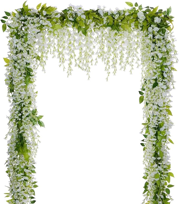 Lvydec Wisteria Artificial Garland, 4Pcs Total 28.8ft White Artificial Wisteria Vine Silk Hanging Flower for Home Garden Outdoor Ceremony Wedding Arch Floral Decor
