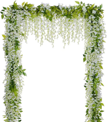 Lvydec Wisteria Artificial Garland, 4Pcs Total 28.8ft White Artificial Wisteria Vine Silk Hanging Flower for Home Garden Outdoor Ceremony Wedding Arch Floral Decor