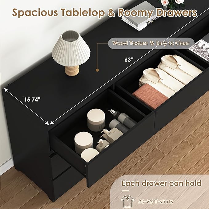 Dresser for Bedroom,9 Storage Drawers,63'' Modern Dresser with Metal Handle,TV Stand for 65 inch,Storage Organizer Furniture,Hallway,Entryway,Closet(Black)