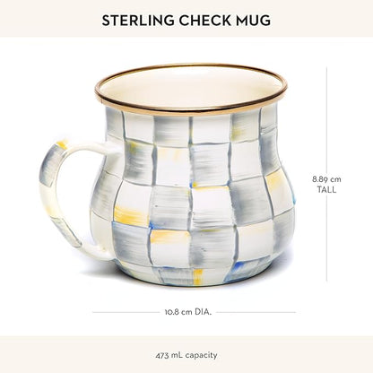 MACKENZIE-CHILDS Enamel Mug, Cute Enamelware Coffee and Tea Mug, Unique Drinkware, 16 Ounces, Gray-and-White Sterling Check, Set of 1