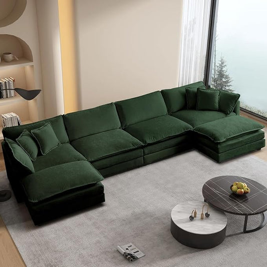 SoarFlash Chenille Sectional Sofa, Comfy L/U Shaped Modular Coush Sofa with Ottoman, Modern 4 Seat Couch Deep Seat Sofa Set for Living Room,Green
