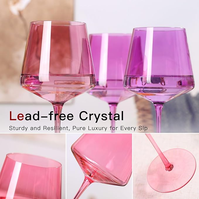 Colored Wine Glasses Set of 6 – 18oz Hand-Blown Crystal Stemmed Wine Glasses, Vibrant Sunset Square stemware for Red & White Wine, Unique Gift for Wedding, Anniversary, Birthday