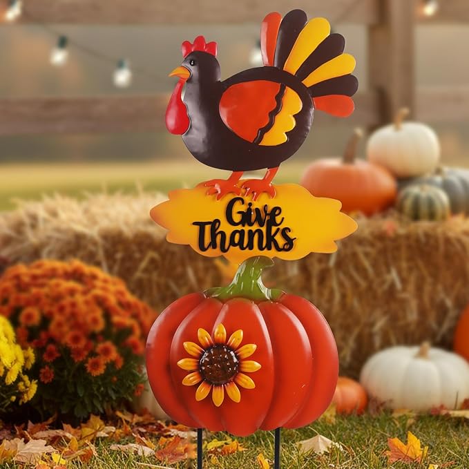 Turkey Thanksgiving Decorations Outdoor 38.5inch with Give Thanks Sign and Sunflowers, Metal Pumpkin Yard Stakes for Fall Garden, Lawn, and Harvest Decorations Outdoor