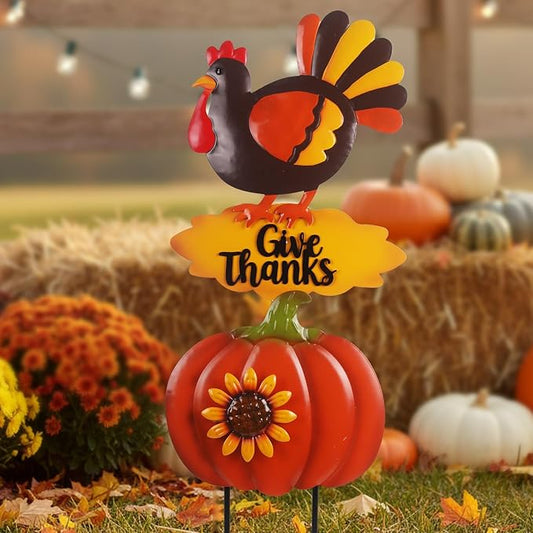 Turkey Thanksgiving Decorations Outdoor 38.5inch with Give Thanks Sign and Sunflowers, Metal Pumpkin Yard Stakes for Fall Garden, Lawn, and Harvest Decorations Outdoor