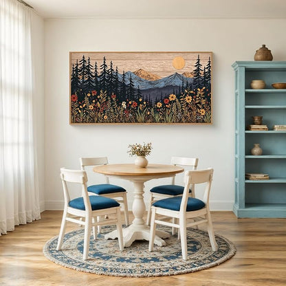 HOURIA Natural Mountain Floral Framed Canvas Wall Art,Modern Sunrise Forest Wall Decor,Boho Wildflower Woodland Landscape Artwork,Wilderness Pine Tree Field Art Print for Living Room,Office-20 x40 x1