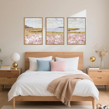 HOURIA Pink Wildflower Coastal Landscape Framed Canvas Wall Art Set,Green Meadow Field Wall Decor,Watercolor Beach Wall Painting,Modern Seaside Wall Decor for Living Room, Bedroom, Farmhouse-16"x24"x3