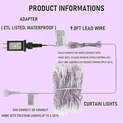 Dazzle Bright 300 LED Christmas Curtain String Lights, Halloween Fairy Lights for Bedroom with 8 Lighting Modes, Waterproof Window Light Party Wedding Garden Wall Decor, Purple