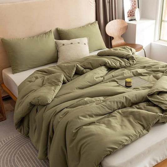 ROSGONIA Queen Comforter Set Olive Green, 3pcs Bedding Sets Queen (1 Boho Olive Comforter & 2 Pillowcases), All Season Lightweight Quilt